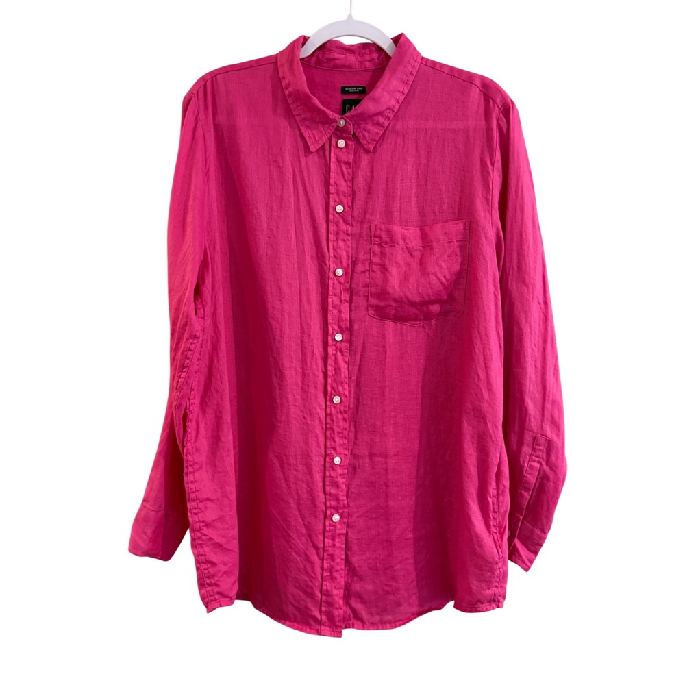 Gap Boyfriend Shirt Women Pink Linen Long Sleeve Button Up L Fuchsia Barbie